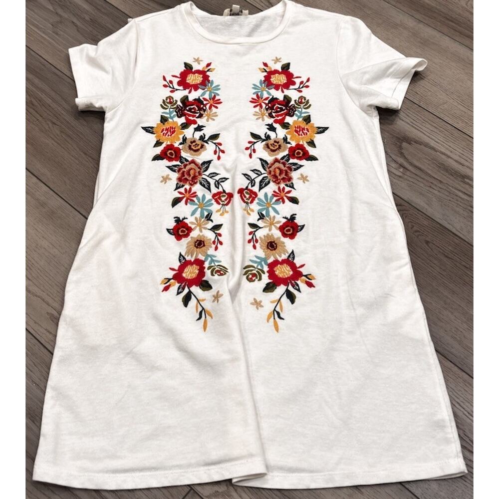 Umgee Dress Small Cream White Embroidered Floral Tunic Shift Boho Short Sleeve